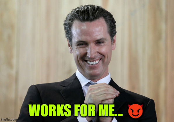 Scheming Gavin Newsom  | WORKS FOR ME... ? | image tagged in scheming gavin newsom | made w/ Imgflip meme maker