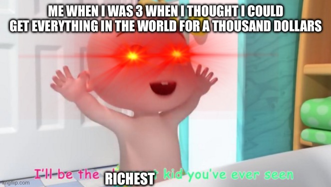 Overloaded Cocomelon Baby | ME WHEN I WAS 3 WHEN I THOUGHT I COULD GET EVERYTHING IN THE WORLD FOR A THOUSAND DOLLARS; RICHEST | image tagged in overloaded cocomelon baby | made w/ Imgflip meme maker