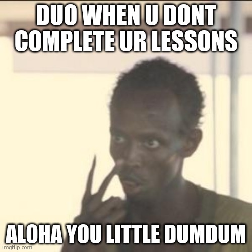 uh oh | DUO WHEN U DONT COMPLETE UR LESSONS; ALOHA YOU LITTLE DUMDUM | image tagged in memes,look at me | made w/ Imgflip meme maker