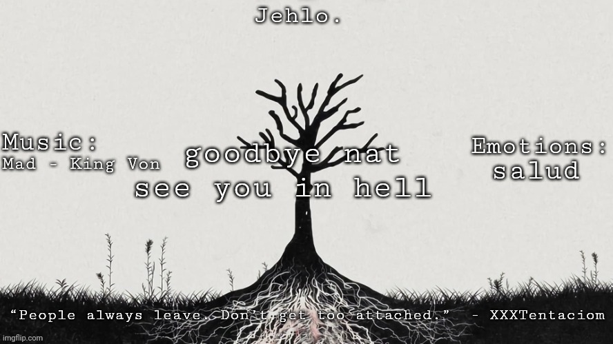 rest in peace nat | goodbye nat see you in hell; Mad - King Von; salud | image tagged in jehlo template | made w/ Imgflip meme maker