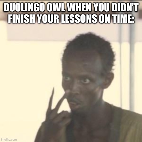 He’s watching. | DUOLINGO OWL WHEN YOU DIDN’T FINISH YOUR LESSONS ON TIME: | image tagged in memes,look at me,duolingo,duolingo bird | made w/ Imgflip meme maker