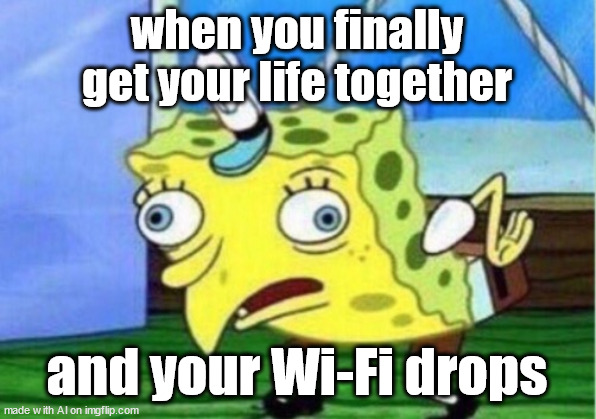 most ridiculous meme ever | when you finally get your life together; and your Wi-Fi drops | image tagged in memes,mocking spongebob | made w/ Imgflip meme maker