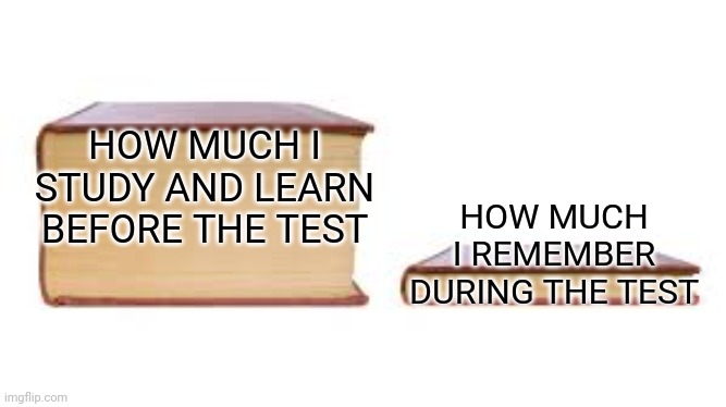 Big book small book | HOW MUCH I STUDY AND LEARN BEFORE THE TEST; HOW MUCH I REMEMBER DURING THE TEST | image tagged in big book small book | made w/ Imgflip meme maker