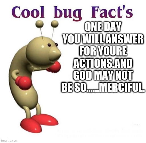 GOD WILL HAVE NO MERCY UPON YOU | ONE DAY YOU WILL ANSWER FOR YOURE ACTIONS.AND GOD MAY NOT BE SO……MERCIFUL. | image tagged in cool bug facts | made w/ Imgflip meme maker