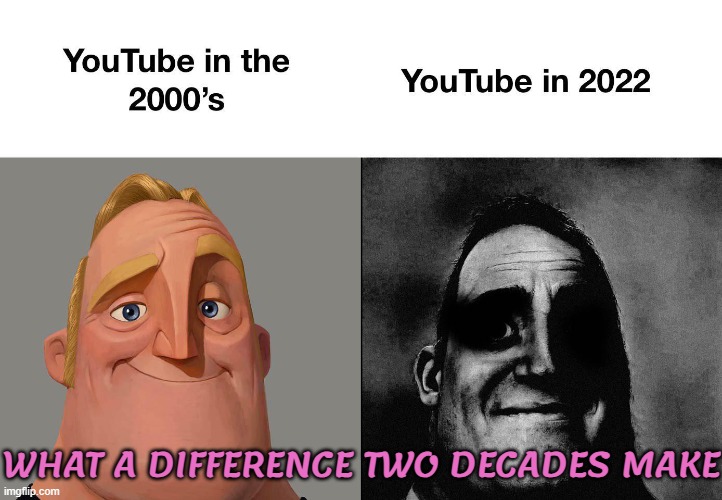 What A Difference Two Decades Can Make | WHAT A DIFFERENCE TWO DECADES MAKE | image tagged in youtube then and now,scumbag youtube,youtube poop,youtube ads,censorship,corporate greed | made w/ Imgflip meme maker