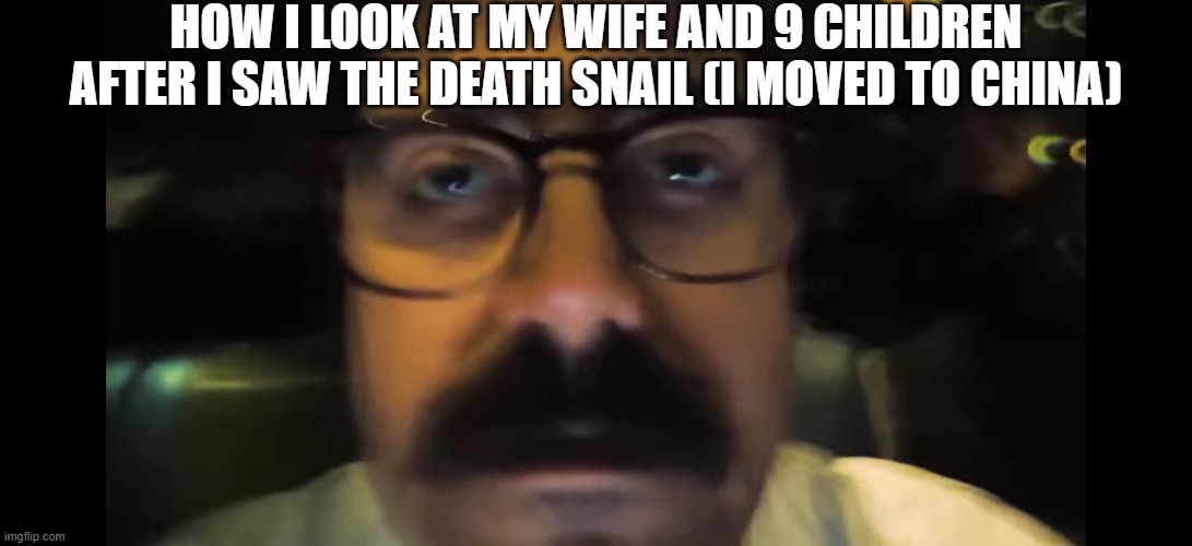 If you know, you know | HOW I LOOK AT MY WIFE AND 9 CHILDREN AFTER I SAW THE DEATH SNAIL (I MOVED TO CHINA) | image tagged in eddy burback freaking out,funn,fun,funny,goofy,goofy ahh | made w/ Imgflip meme maker