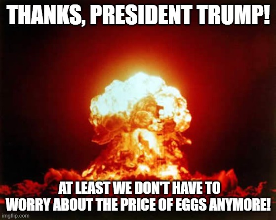 Nuclear Explosion Meme | THANKS, PRESIDENT TRUMP! AT LEAST WE DON'T HAVE TO WORRY ABOUT THE PRICE OF EGGS ANYMORE! | image tagged in memes,nuclear explosion | made w/ Imgflip meme maker