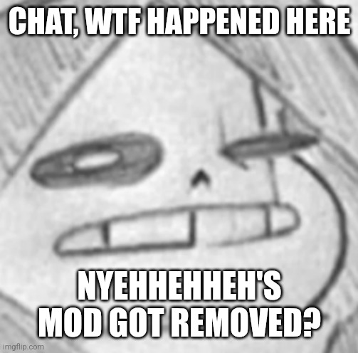 Bruh | CHAT, WTF HAPPENED HERE; NYEHHEHHEH'S MOD GOT REMOVED? | image tagged in epic sans what,bruh | made w/ Imgflip meme maker