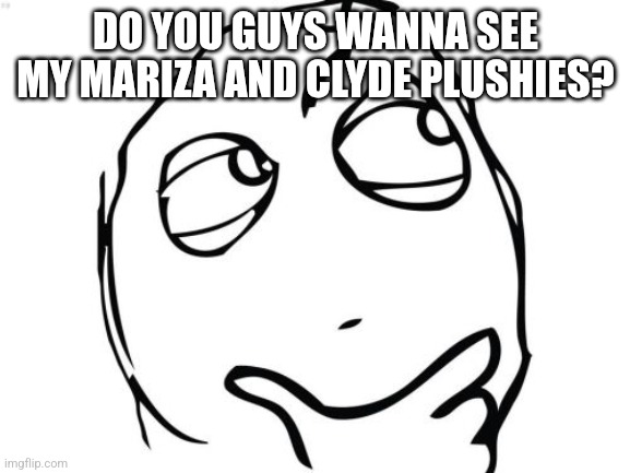 Do ya? | DO YOU GUYS WANNA SEE MY MARIZA AND CLYDE PLUSHIES? | image tagged in memes,question rage face | made w/ Imgflip meme maker