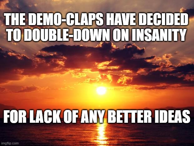 Sunset | THE DEMO-CLAPS HAVE DECIDED TO DOUBLE-DOWN ON INSANITY; FOR LACK OF ANY BETTER IDEAS | image tagged in sunset | made w/ Imgflip meme maker