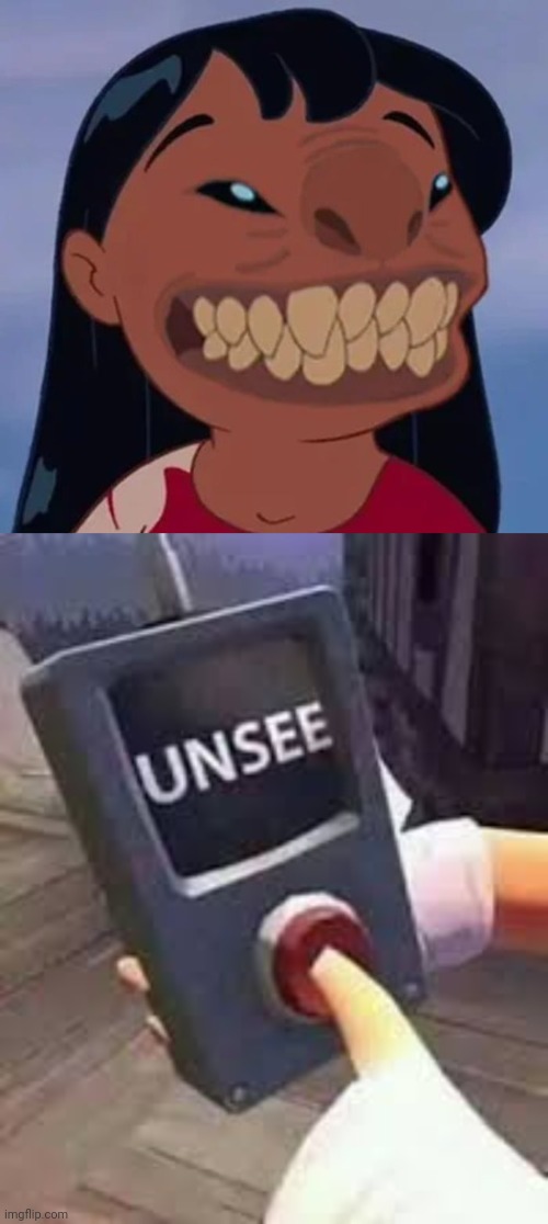 Lilo Stitched | image tagged in unsee button,lilo and stitch,lilo,stitch,cursed image,memes | made w/ Imgflip meme maker