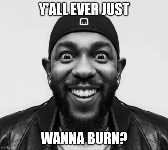 kdot jumpscare | Y'ALL EVER JUST; WANNA BURN? | image tagged in kdot jumpscare | made w/ Imgflip meme maker