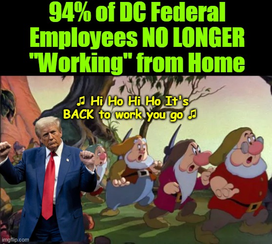 NINETY SEVEN percent if you don't include maintenance workers | 94% of DC Federal Employees NO LONGER "Working" from Home; ♫ Hi Ho Hi Ho It's BACK to work you go ♫ | image tagged in doge back to work hi ho hi ho meme | made w/ Imgflip meme maker