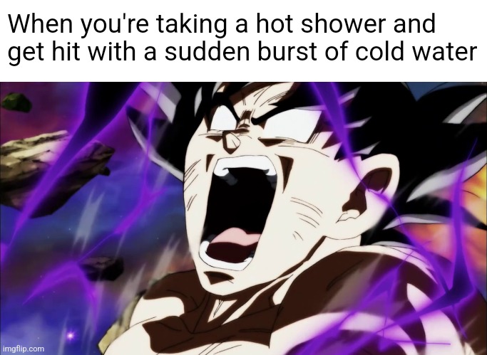 Just happened to me | When you're taking a hot shower and get hit with a sudden burst of cold water | image tagged in goku screaming,comedy,why are you reading the tags | made w/ Imgflip meme maker