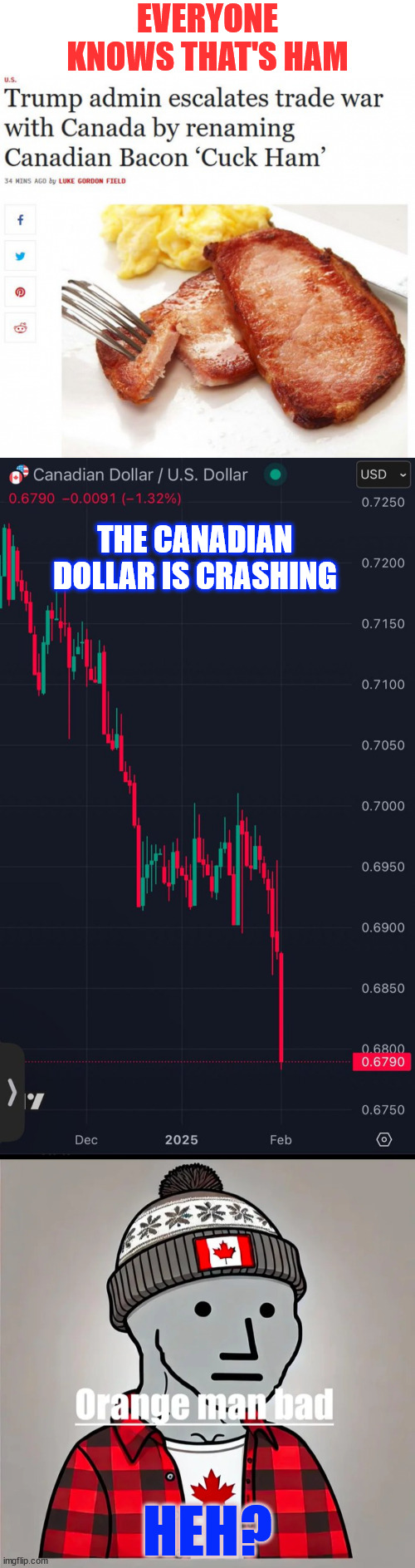 How dare President Trump put America first... | EVERYONE KNOWS THAT'S HAM; THE CANADIAN DOLLAR IS CRASHING; HEH? | image tagged in canada,america subsidies have ended,do your part to stop illegals and drugs | made w/ Imgflip meme maker