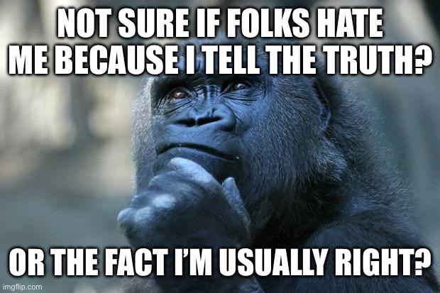 Deep Thoughts | NOT SURE IF FOLKS HATE ME BECAUSE I TELL THE TRUTH? OR THE FACT I’M USUALLY RIGHT? | image tagged in deep thoughts | made w/ Imgflip meme maker