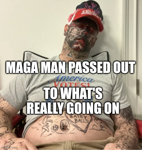 Folks are okay with this? | MAGA MAN PASSED OUT; TO WHAT'S REALLY GOING ON | image tagged in make america drunk again,donald trump,maga,this is fine | made w/ Imgflip meme maker