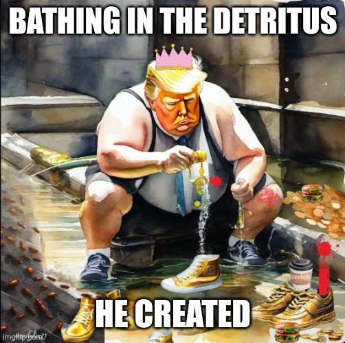 Making a mess of our country | BATHING IN THE DETRITUS; HE CREATED | image tagged in broke trump on the street begging,donald trump,republicans,criminal,bum | made w/ Imgflip meme maker