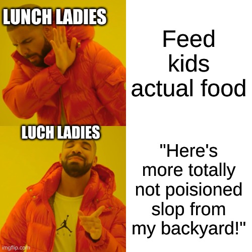 Drake Hotline Bling Meme | Feed kids actual food "Here's more totally not poisioned slop from my backyard!" LUNCH LADIES LUCH LADIES | image tagged in memes,drake hotline bling | made w/ Imgflip meme maker