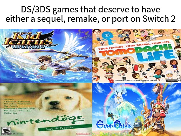 Switch 2 hopes | DS/3DS games that deserve to have either a sequel, remake, or port on Switch 2 | image tagged in gaming,video games,nintendo,nintendo switch | made w/ Imgflip meme maker