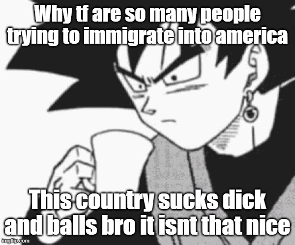 Goku Black confused | Why tf are so many people trying to immigrate into america; This country sucks dick and balls bro it isnt that nice | image tagged in goku black confused | made w/ Imgflip meme maker