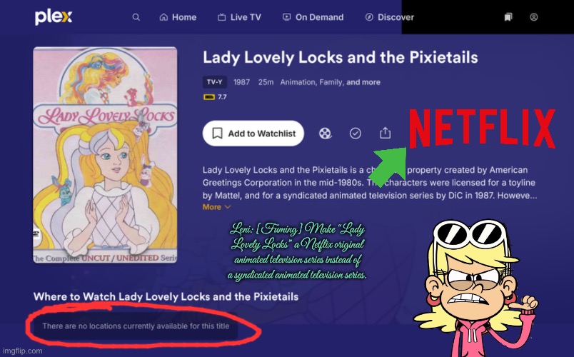 Netflix (Lady Lovely Locks) | Leni: [Fuming] Make “Lady Lovely Locks” a Netflix original animated television series instead of a syndicated animated television series. | image tagged in netflix,80s,nostalgia,princess,girl,dress | made w/ Imgflip meme maker