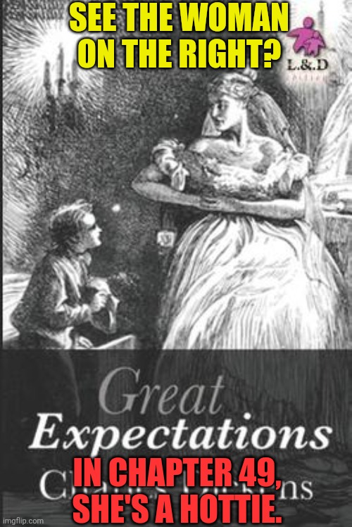 Sorry if this is a spoiler | SEE THE WOMAN
ON THE RIGHT? IN CHAPTER 49,
SHE'S A HOTTIE. | image tagged in great expectations,book cover,charlies dickens,miss havisham,hottie,dark humor | made w/ Imgflip meme maker