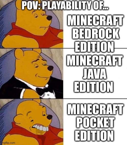 Bugrock fr tho | POV: PLAYABILITY OF…; MINECRAFT BEDROCK EDITION; MINECRAFT JAVA EDITION; MINECRAFT POCKET EDITION | image tagged in best better blurst | made w/ Imgflip meme maker