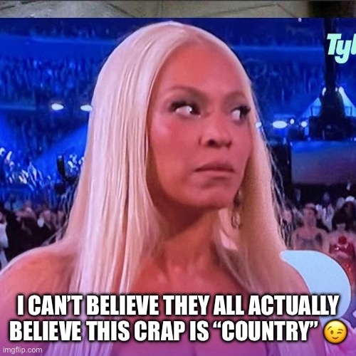 Beyoncé country jokes | I CAN’T BELIEVE THEY ALL ACTUALLY BELIEVE THIS CRAP IS “COUNTRY” 😉 | image tagged in country music | made w/ Imgflip meme maker