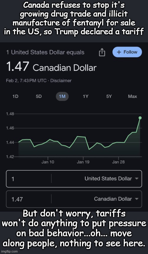 Justin Trudeau, commie puppet for Biden, confiscated truckers, who protested COVID shutdown, bank accounts and trucks is gone! | Canada refuses to stop it's growing drug trade and illicit manufacture of fentanyl for sale in the US, so Trump declared a tariff; But don't worry, tariffs won't do anything to put pressure on bad behavior...oh... move along people, nothing to see here. | image tagged in canada | made w/ Imgflip meme maker