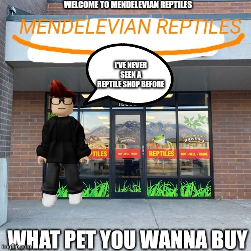 Pov: a reptile/pet shop has opened | WELCOME TO MENDELEVIAN REPTILES; I'VE NEVER SEEN A REPTILE SHOP BEFORE; WHAT PET YOU WANNA BUY | image tagged in mendelevian reptiles | made w/ Imgflip meme maker