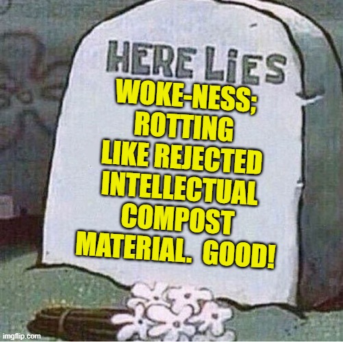 It's as if they are in competition with one another for idiocy trophies. | WOKE-NESS; ROTTING LIKE REJECTED INTELLECTUAL COMPOST MATERIAL.  GOOD! | image tagged in here lies spongebob tombstone | made w/ Imgflip meme maker