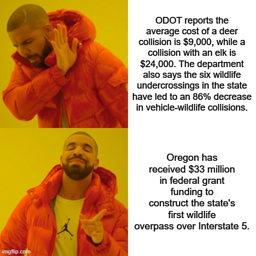 HIT a deer call 555-0000 we pick up road kill charity.Churchs always need food. . Cost Tax payers nothing. | ODOT reports the average cost of a deer collision is $9,000, while a collision with an elk is $24,000. The department also says the six wildlife undercrossings in the state have led to an 86% decrease in vehicle-wildlife collisions. Oregon has received $33 million in federal grant funding to construct the state's first wildlife overpass over Interstate 5. | image tagged in memes,drake hotline bling | made w/ Imgflip meme maker