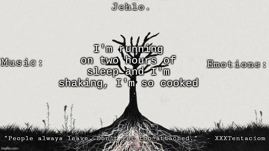 Jehlo Template. | I'm running on two hours of sleep and I'm shaking, I'm so cooked | image tagged in jehlo template | made w/ Imgflip meme maker