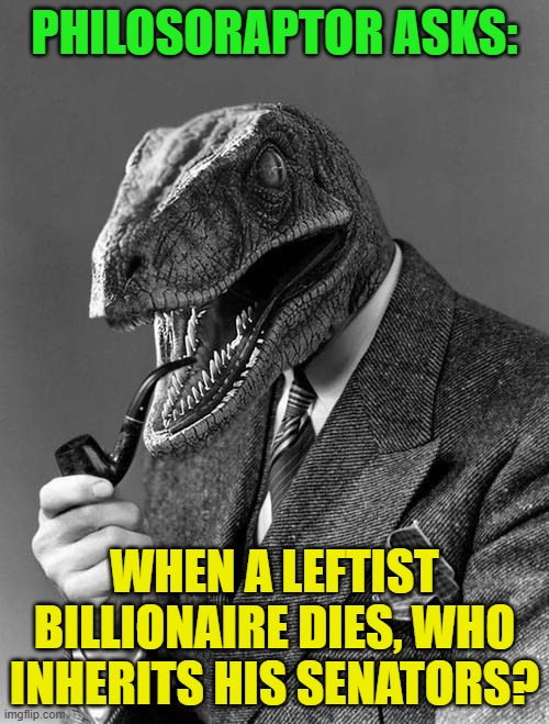 Hey . . . it's a legitimate question! | PHILOSORAPTOR ASKS:; WHEN A LEFTIST BILLIONAIRE DIES, WHO INHERITS HIS SENATORS? | image tagged in philosoraptor | made w/ Imgflip meme maker