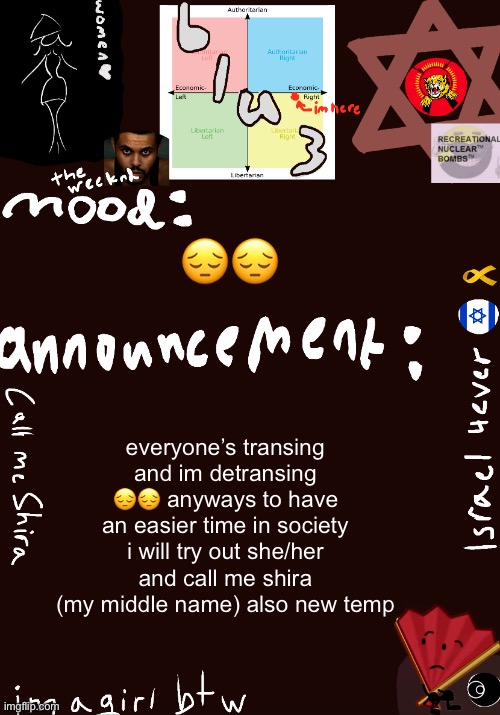 so yeah she/her and shira lmao | 😔😔; everyone’s transing and im detransing 😔😔 anyways to have an easier time in society i will try out she/her and call me shira (my middle name) also new temp | image tagged in blu3 s shira temp | made w/ Imgflip meme maker