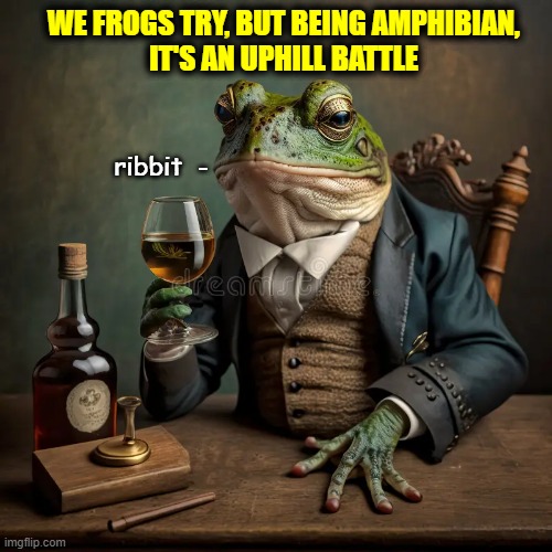 Phineas T Phrogg, wine connoisseur | WE FROGS TRY, BUT BEING AMPHIBIAN,
IT'S AN UPHILL BATTLE; ribbit  - | image tagged in vince vance,frogs,amphibians,well dressed,the good life,glass of wine | made w/ Imgflip meme maker