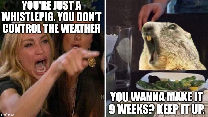 Woman and Whistlepig | YOU'RE JUST A WHISTLEPIG. YOU DON'T CONTROL THE WEATHER; YOU WANNA MAKE IT 9 WEEKS? KEEP IT UP. | image tagged in woman argues with cat | made w/ Imgflip meme maker