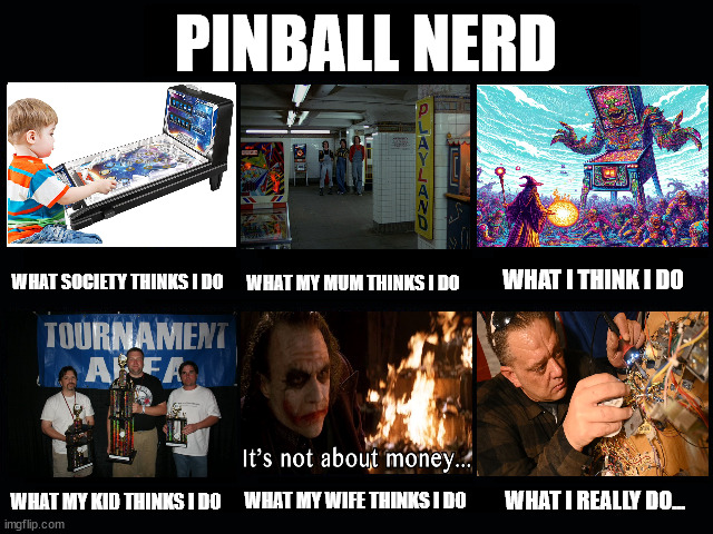 What i really do | PINBALL NERD; WHAT SOCIETY THINKS I DO; WHAT I THINK I DO; WHAT MY MUM THINKS I DO; WHAT MY KID THINKS I DO; WHAT I REALLY DO... WHAT MY WIFE THINKS I DO | image tagged in what my friends think i do | made w/ Imgflip meme maker