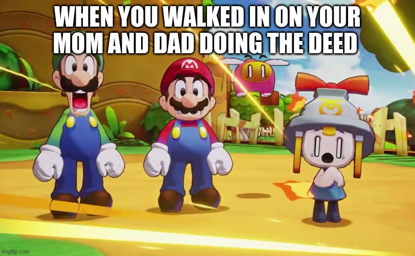 me | WHEN YOU WALKED IN ON YOUR MOM AND DAD DOING THE DEED | image tagged in mario luigi connie and snoutlet suprised,me | made w/ Imgflip meme maker