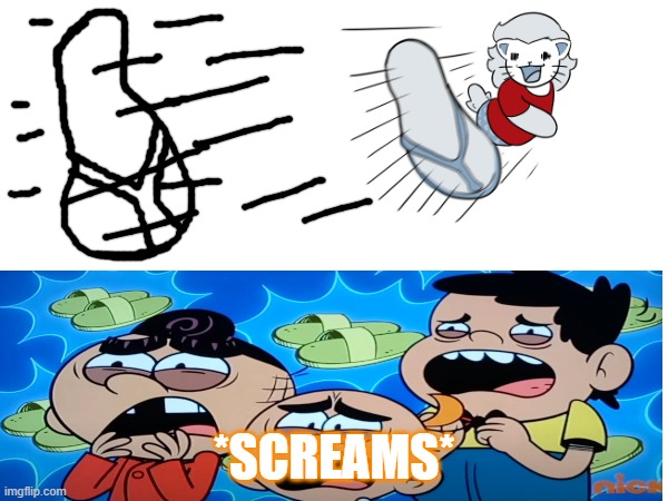 August the Merlion throws the chancla to Carlino Casagrande, Carlitos Casagrande and CJ Casagrande | *SCREAMS* | image tagged in nicktoons | made w/ Imgflip meme maker