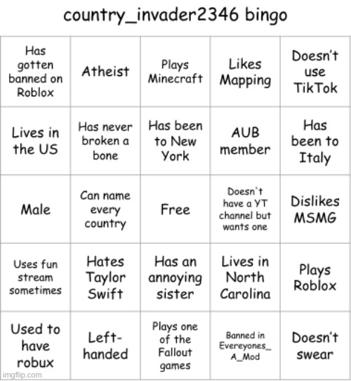 decided to make one of these. i deleted my stream because no one used it and this felt like the best stream to put it in. | image tagged in country_invader2346 bingo | made w/ Imgflip meme maker