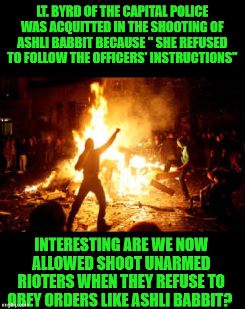 justasking for a friend | LT. BYRD OF THE CAPITAL POLICE WAS ACQUITTED IN THE SHOOTING OF ASHLI BABBIT BECAUSE " SHE REFUSED TO FOLLOW THE OFFICERS' INSTRUCTIONS"; INTERESTING ARE WE NOW ALLOWED SHOOT UNARMED RIOTERS WHEN THEY REFUSE TO OBEY ORDERS LIKE ASHLI BABBIT? | image tagged in anarchy riot | made w/ Imgflip meme maker