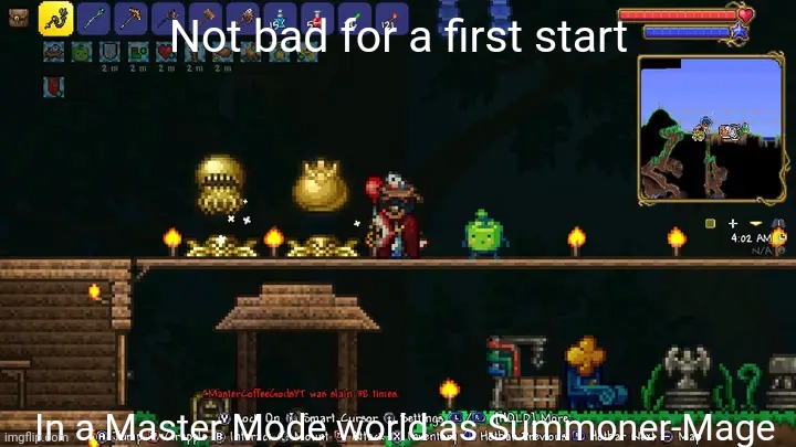 2 bosses down, only 38 deaths. I'm in for a wild ride LMAO | Not bad for a first start; In a Master Mode world as Summoner-Mage | image tagged in terraria,gaming,video games,nintendo switch,screenshot | made w/ Imgflip meme maker