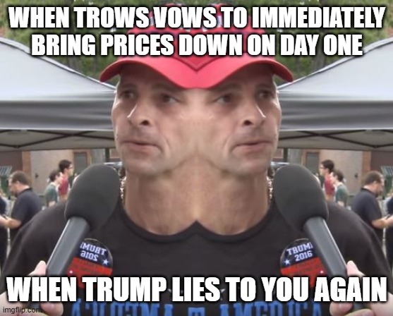 Two face trump | WHEN TROWS VOWS TO IMMEDIATELY BRING PRICES DOWN ON DAY ONE; WHEN TRUMP LIES TO YOU AGAIN | image tagged in two-faced | made w/ Imgflip meme maker