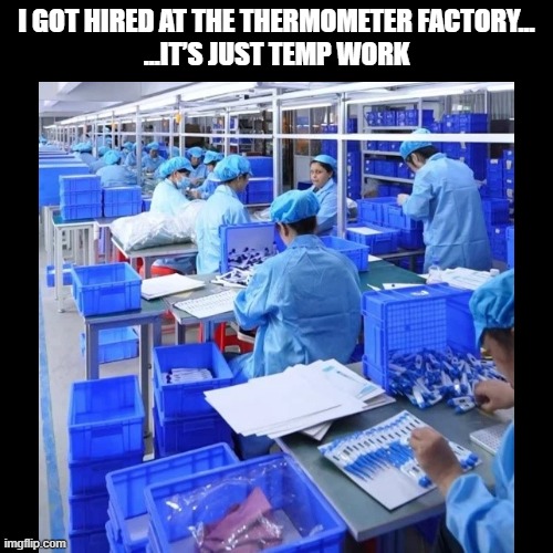 Temp work | I GOT HIRED AT THE THERMOMETER FACTORY...
...IT’S JUST TEMP WORK | image tagged in black square,thermometer,pun,hire | made w/ Imgflip meme maker