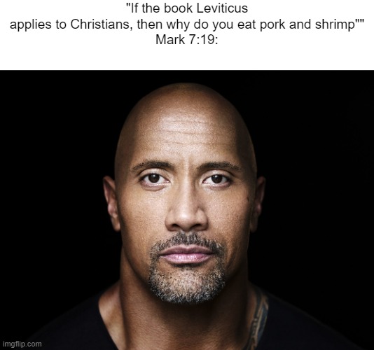 Verses in comments | "If the book Leviticus applies to Christians, then why do you eat pork and shrimp""
Mark 7:19: | image tagged in the rock stare | made w/ Imgflip meme maker