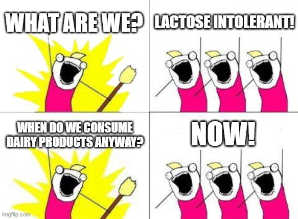 What Do We Want Meme | WHAT ARE WE? LACTOSE INTOLERANT! WHEN DO WE CONSUME DAIRY PRODUCTS ANYWAY? NOW! | image tagged in memes,what do we want | made w/ Imgflip meme maker