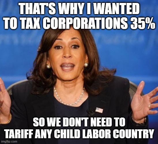 Kamala Harris | THAT'S WHY I WANTED TO TAX CORPORATIONS 35% SO WE DON'T NEED TO TARIFF ANY CHILD LABOR COUNTRY | image tagged in kamala harris | made w/ Imgflip meme maker