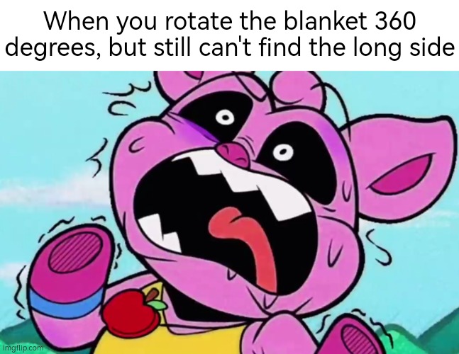 Where is the long side!? | When you rotate the blanket 360 degrees, but still can't find the long side | image tagged in blanket | made w/ Imgflip meme maker